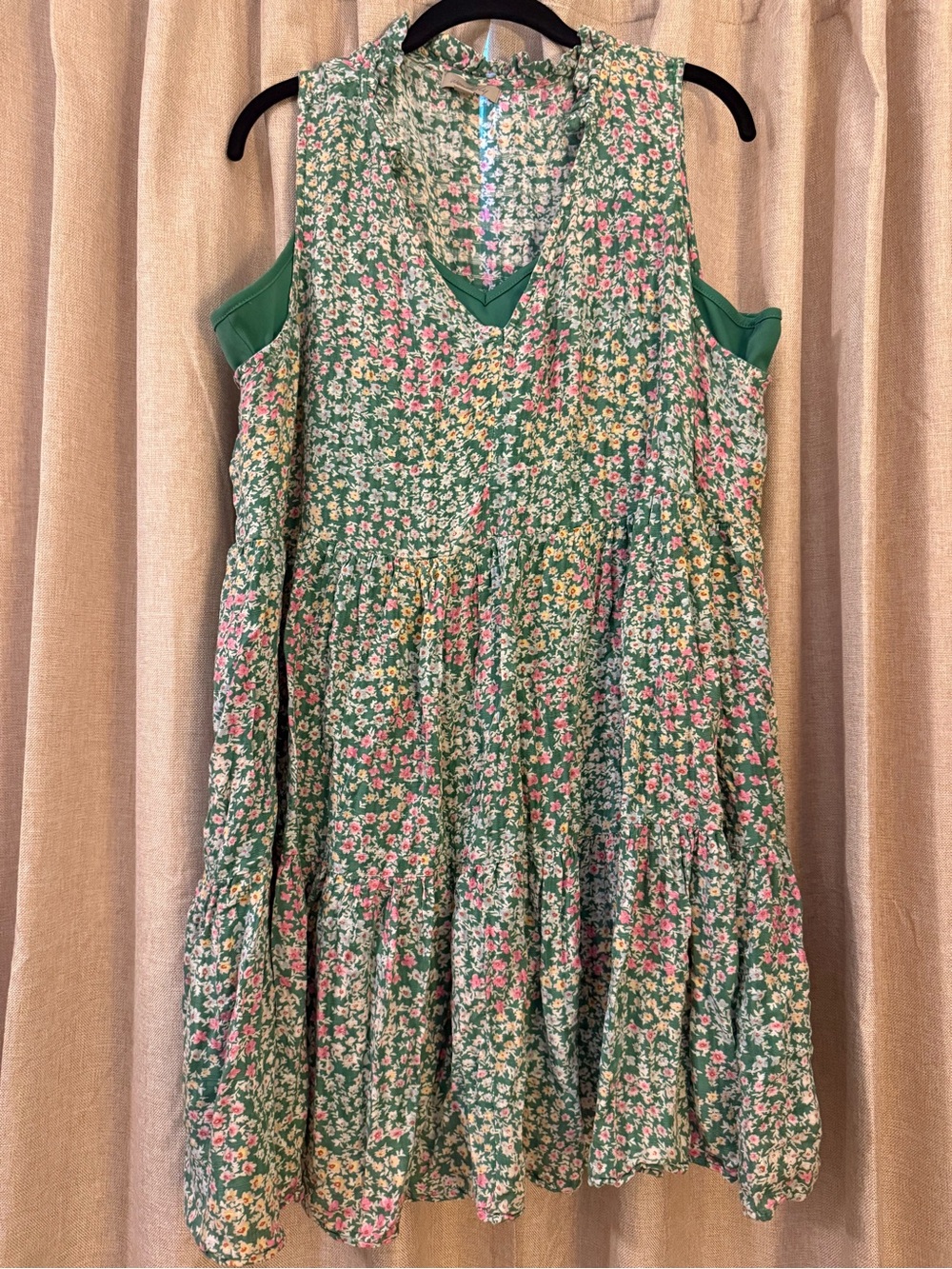 Wonderly Green Floral Tiered Sundress with Pink and Cream Blossoms